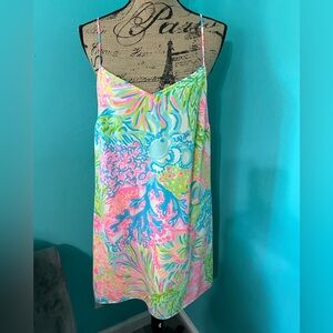 EUC Lilly Pulitzer Silk Spaghetti Strap Mini Dress w/Vibrant Ocean Scene Pattern